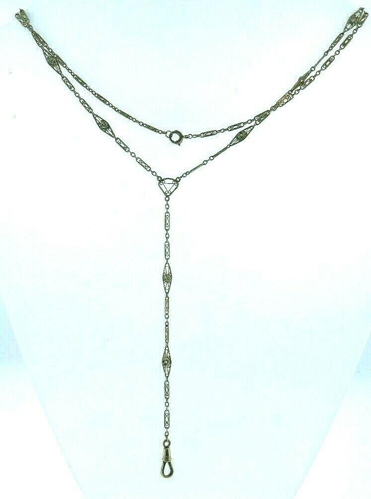 ANTIQUE 14k White Gold & Diamond Watch Chain Necklace (1 of 12)