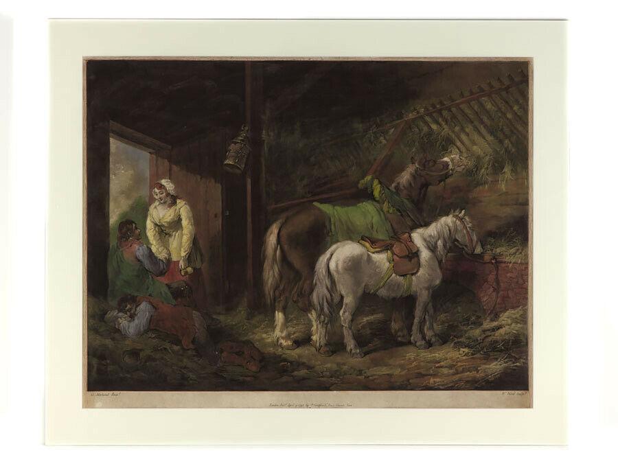1793 Coloured Engraving A Carriers Stable After George: 1793 Coloured Engraving A Carriers Stable After George Morland A rare proof-before-title print after George Morland’s ‘A Carrier’s Stable’ engraved by William Ward. The print is a hand-coloure