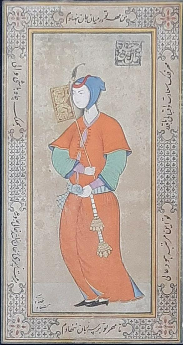 Antique Islamic Persian Safavid painting 18th C: Title: Antique Islamic Persian Safavid painting 18th C Maker: Persian Style Origin: Persia Description: MUSEUM QUALITY ISLAMIC Persian Safavid handmade painting on paper. The painting is having seal a