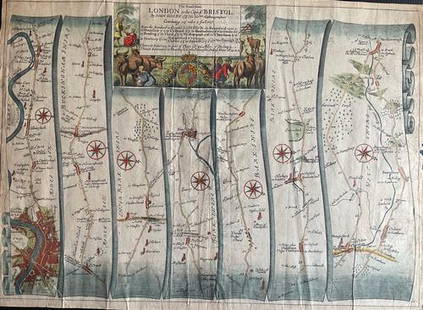 London to Bristol road map by Ogilby: Title: London to Bristol road map by OgilbyDate/Period: 1675Materials: Copperplate engravedSize: 18 1/2” x 14” London to Bristol road map. 1675. By John Ogilby. Published in ‘Atlas