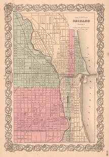 City of Chicago Illinois: Publication Date: 1859Title: City of Chicago IllinoisCartographer: J.H. Colton & Co.Height (inches): 14Width (inches): 7 Shows and names streets, railroads, wards etc. Decorative border added to