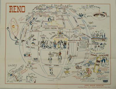 1935 c. Caples Map of Reno -- Reno: Title: 1935 c. Caples Map of Reno -- RenoCartographer: R CaplesYear / Place: 1935 c.Map Dimension (in.): 12.2 X 15.7 in. This is an excellent, humorous pictorial map of Reno presented in a globe