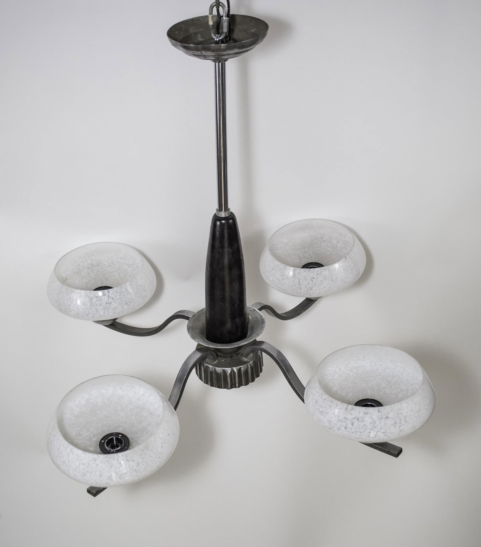FRENCH ART DECO modernist CUBIST CHANDELIER ADNET: Made in France in the 1930's possibly early 1940's this Chandelier is most likely a design from Adnet ,simple metal shape with cubist inspiration . Regional company used to order part and design to re