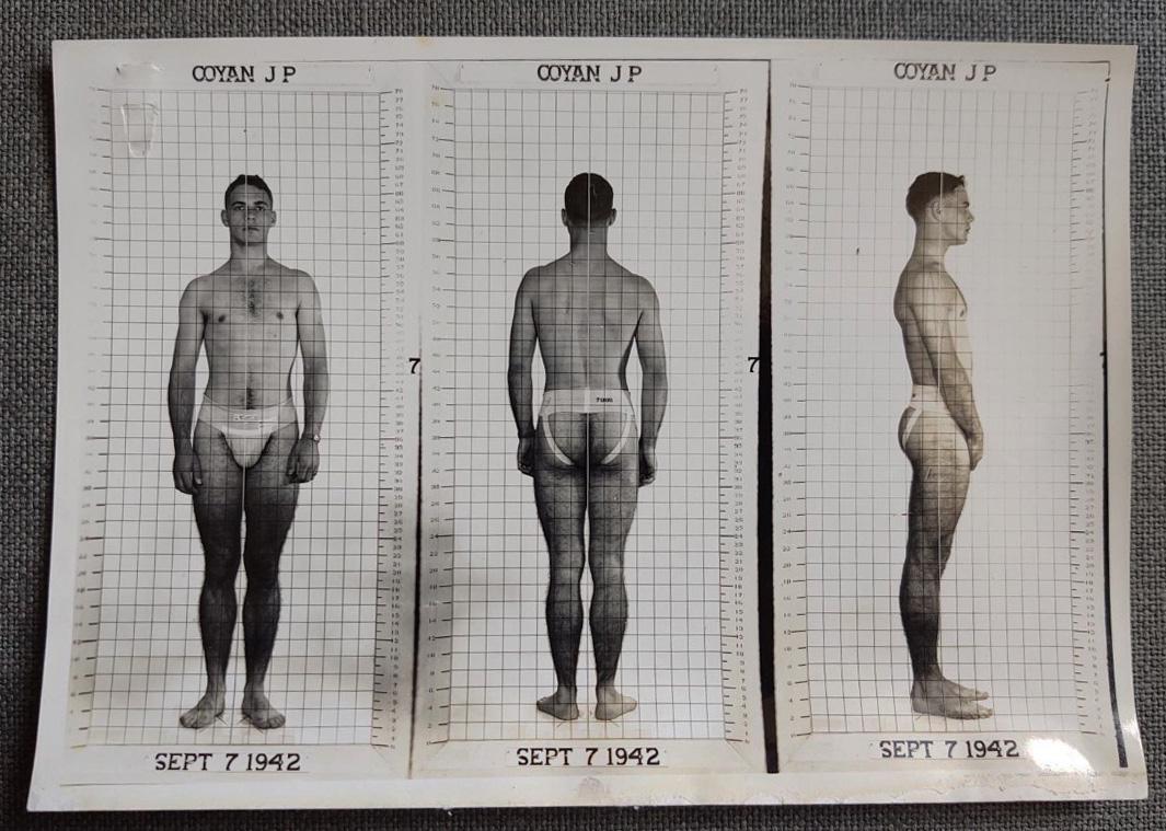 Jockstrapped US Navy Photo Profile with Physical Record: Title: Jockstrapped US Navy Photo Profile with Physical Record Description: Personal 1940's Photo Record of a Mr. J.P. Coyan. Nude full profile photo with his written stats/record sheet. Date/Period: 