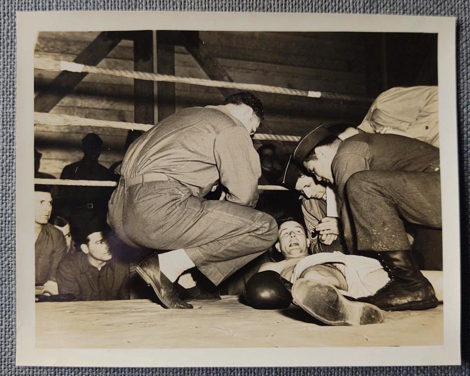 1940's Semi-Nude Military Boxer in the Ring TKO?: Title: 1940's Semi-Nude Military Boxer in the Ring TKO? Description: 1940's US Military Boxing Ring Photo. Jockstrap exposed Boxer down in the ring with attendees. TKO? Harder-to-Find Image. Good comp