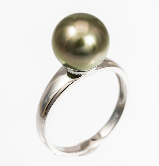 10x11mm Round Peacock Tahitian Pearl - 925 Silver -: Title: 10x11mm Round Peacock Tahitian Pearl - 925 Silver - Ring Description: A gorgeous Tahitian pearl ring, notable for the colours of its beautiful Tahitian pearl and the clean lines of its solid si