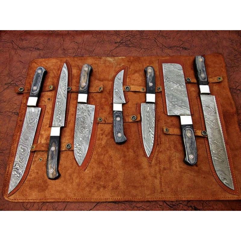 Set of 7 kitchen hiking damascus steel knife chef wood (1 of 3)