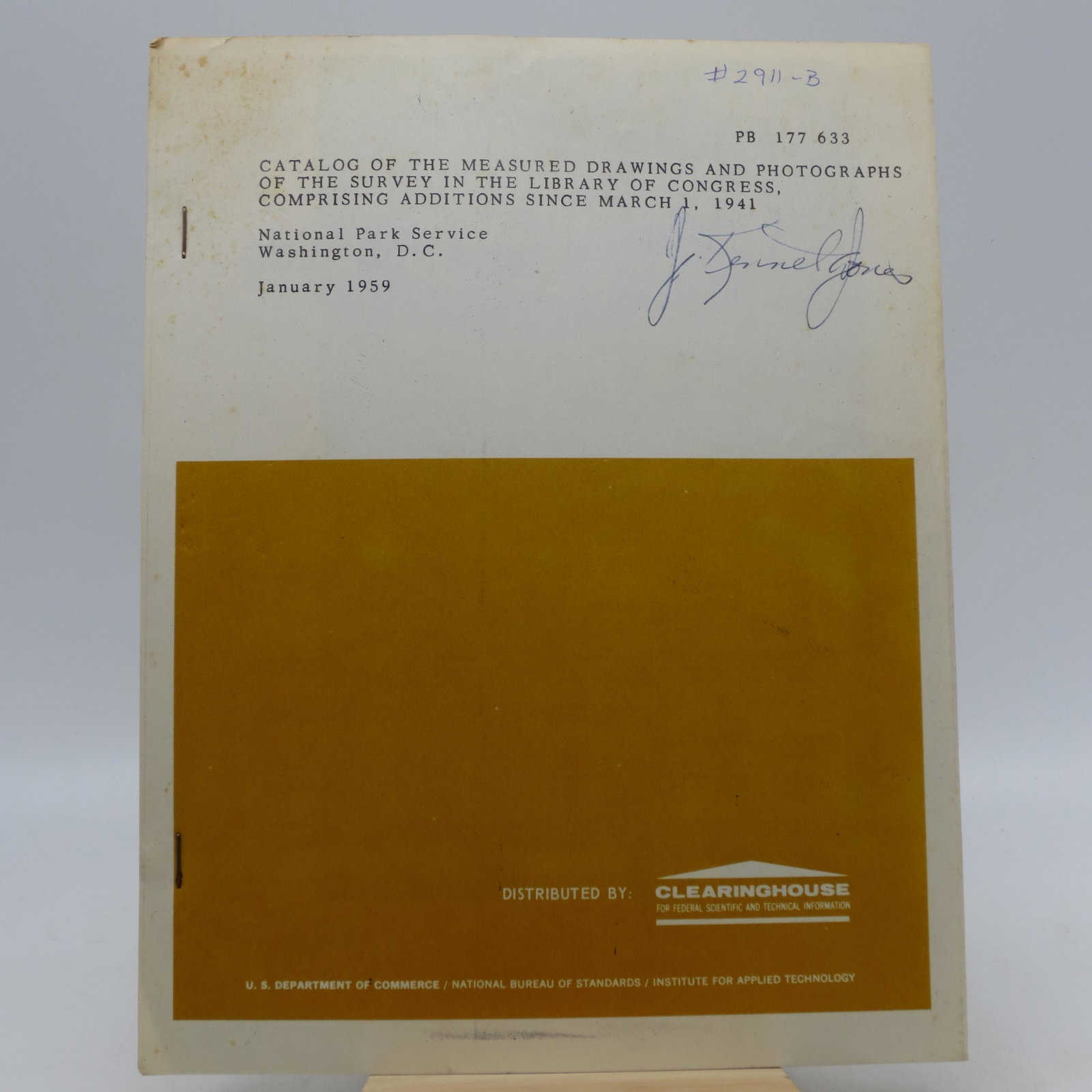 A Catalog of the Measured Drawings and Photographs of: SKU #: 31591 Power stapled, not paginated but about 150pp. Illustrated cover. Previous owner's name written on cover. No other writing in the book. Title: A Catalog of the Measured Drawings and Photog