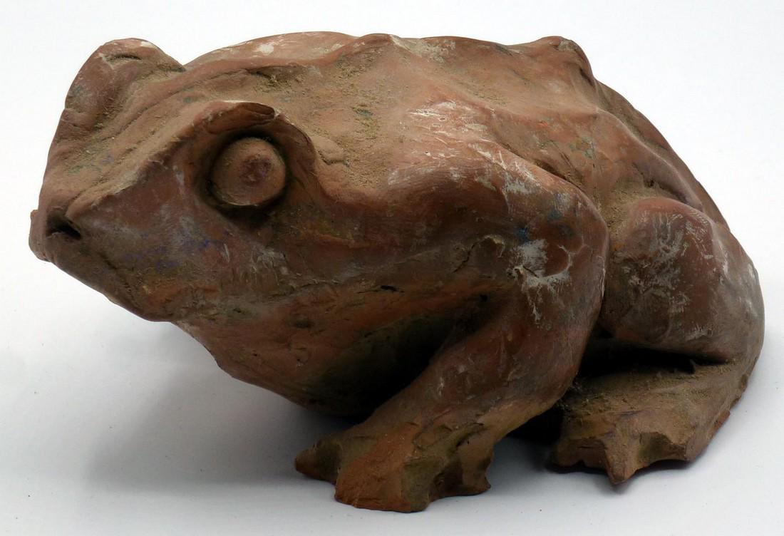An animated redware toad with strong folky look: Title: An animated redware toad with strong folky look Provenance/Additional Info: This is an animated redware toad, unglazed, with an orange painted mouth and a strong folky look and "personality". I