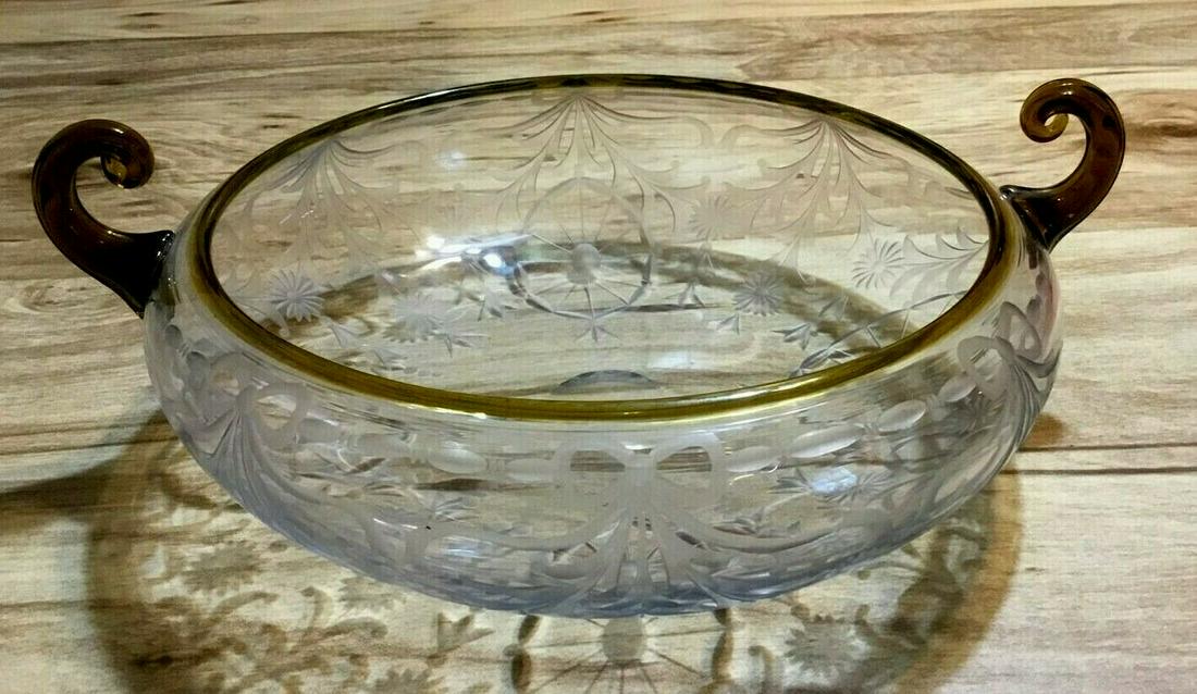 Steuben Or Pairpoint Etched Center Bowl Amber Handles (1 of 18)