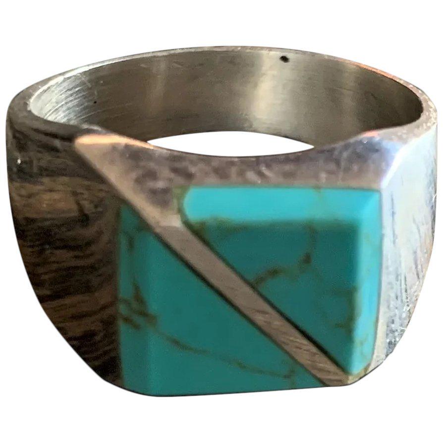 Mens Vintage Sterling Silver Turquoise Inlay signed (1 of 5)