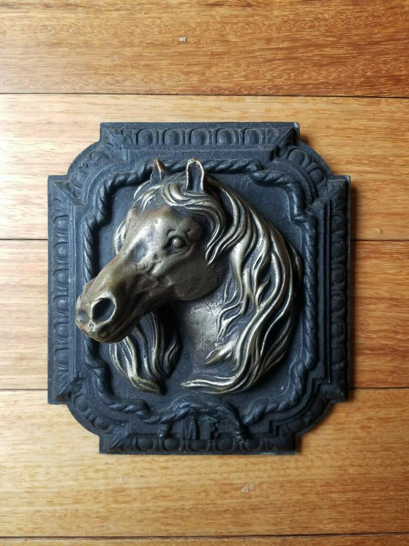 Iron plate horse with bronze figure stove urn antique: Great looking piece in excellent condition. Not sure of the significance of the piece. What is is from. Weighs 3lbs. Measures 5 x 5" . Shipping: Domestic: Flat-rate of $15.00 to anywhere within the co