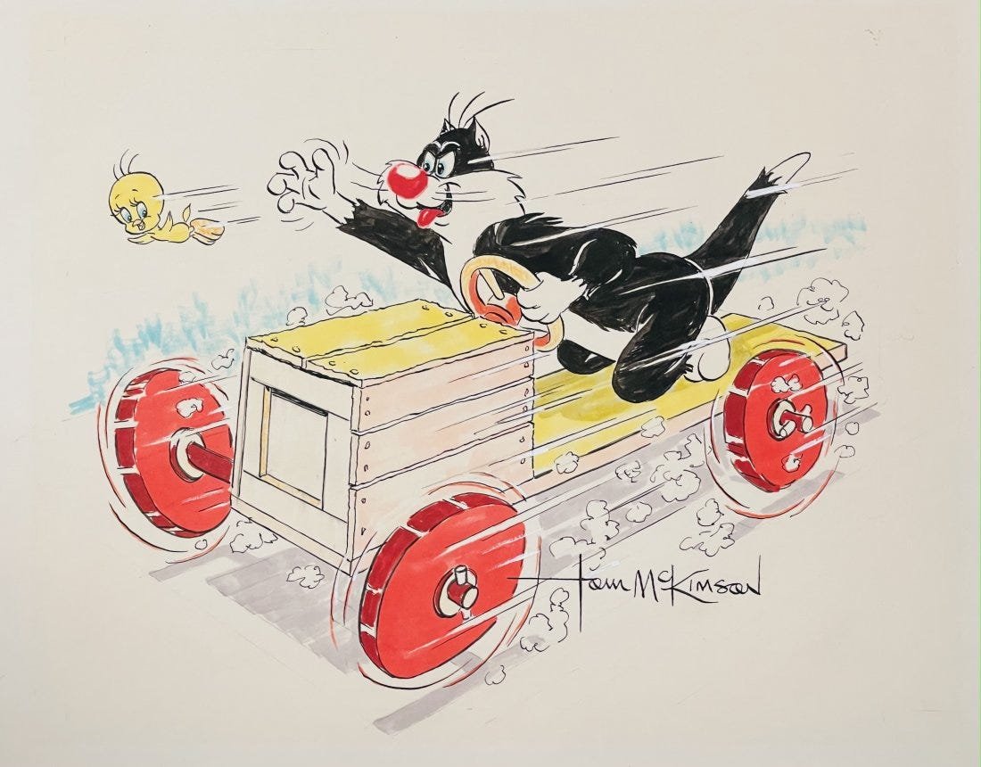 Sylvester and Tweety Hand Painted and Inked. Drawing: Title: Sylvester and Tweety Hand Painted and Inked. Drawing Signed by the lateTom McKimson with Letter from Robert McKimson, Jr. (Warner Brothers, 1980s) Description: Sylvester races at great speed in