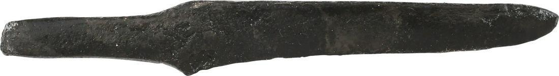 VIKING SIDE KNIFE OR POUCH KNIFE, 879-1067 AD: Cambridgeshire, England. Just over 2 3/4" total length with tapered "whittle tang" which identifies these, as they were used without guards, mounted in a wood or antler grip. (See https://leatherworki
