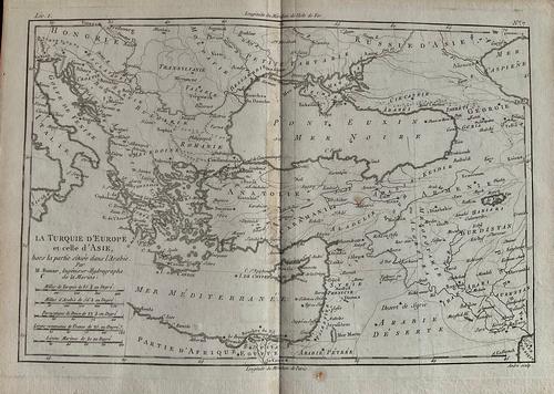 Ottoman Empire in Europe and Asia. by Bonne/ Raynal: Title: Ottoman Empire in Europe and Asia. by Bonne/ Raynal 1780 Date/Period: 1780 Materials: Copperplate engraved Size: 13 1/2 x 9 3/4'' The Ottoman Empire shown covers all of the Balkans, Ukraine and