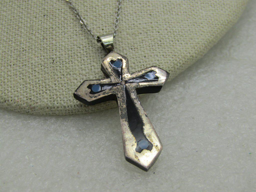 Vintage Sterling Silver Inlaid Cross Necklace, 17.5", (1 of 9)