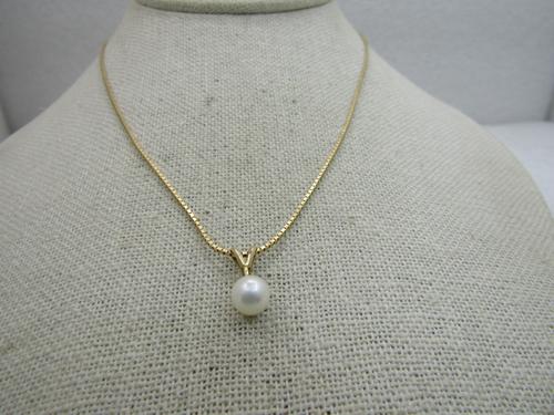 14kt Pearl & Diamond Necklace, 16" Box Chain (1 of 6)