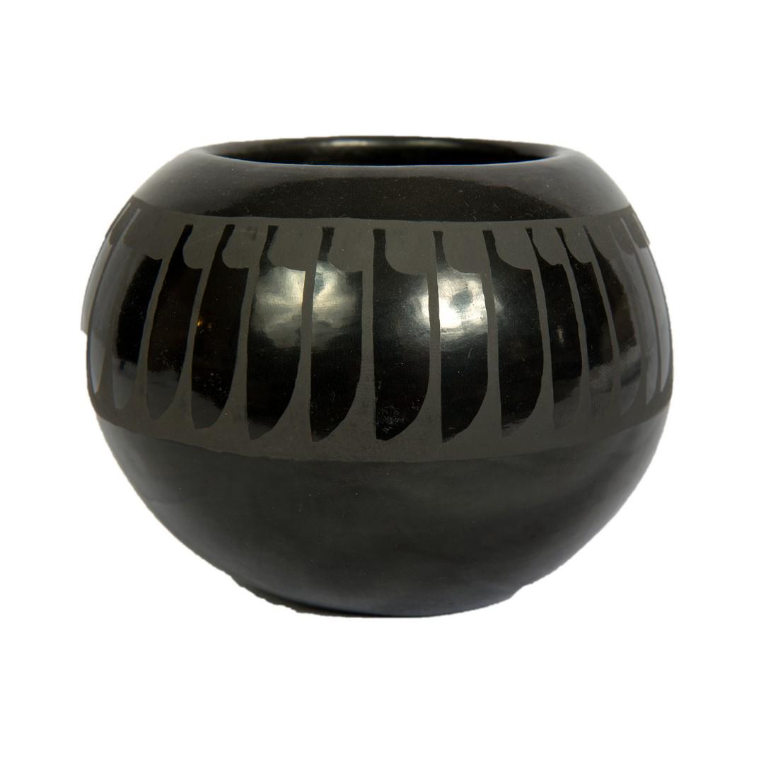 San Ildefonso black-on-black jar with feather: Title: San Ildefonso black-on-black jar with feather Description: San Ildefonso black-on-black jar with feather decoration signed “Maria + Santana,” by Maria Poveka Martinez (1887-1980) and Santan