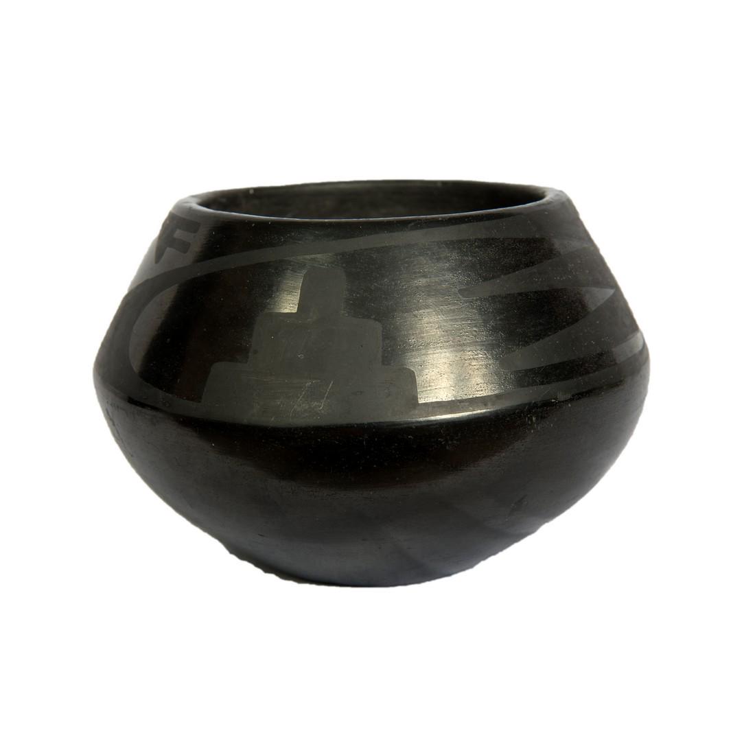 San Ildefonso black-on-black jar with geometric: Title: San Ildefonso black-on-black jar with geometric decoration Description: San Ildefonso black-on-black jar with geometric decoration signed “Marie,” by Maria Poveka Martinez (1887-1980) and J