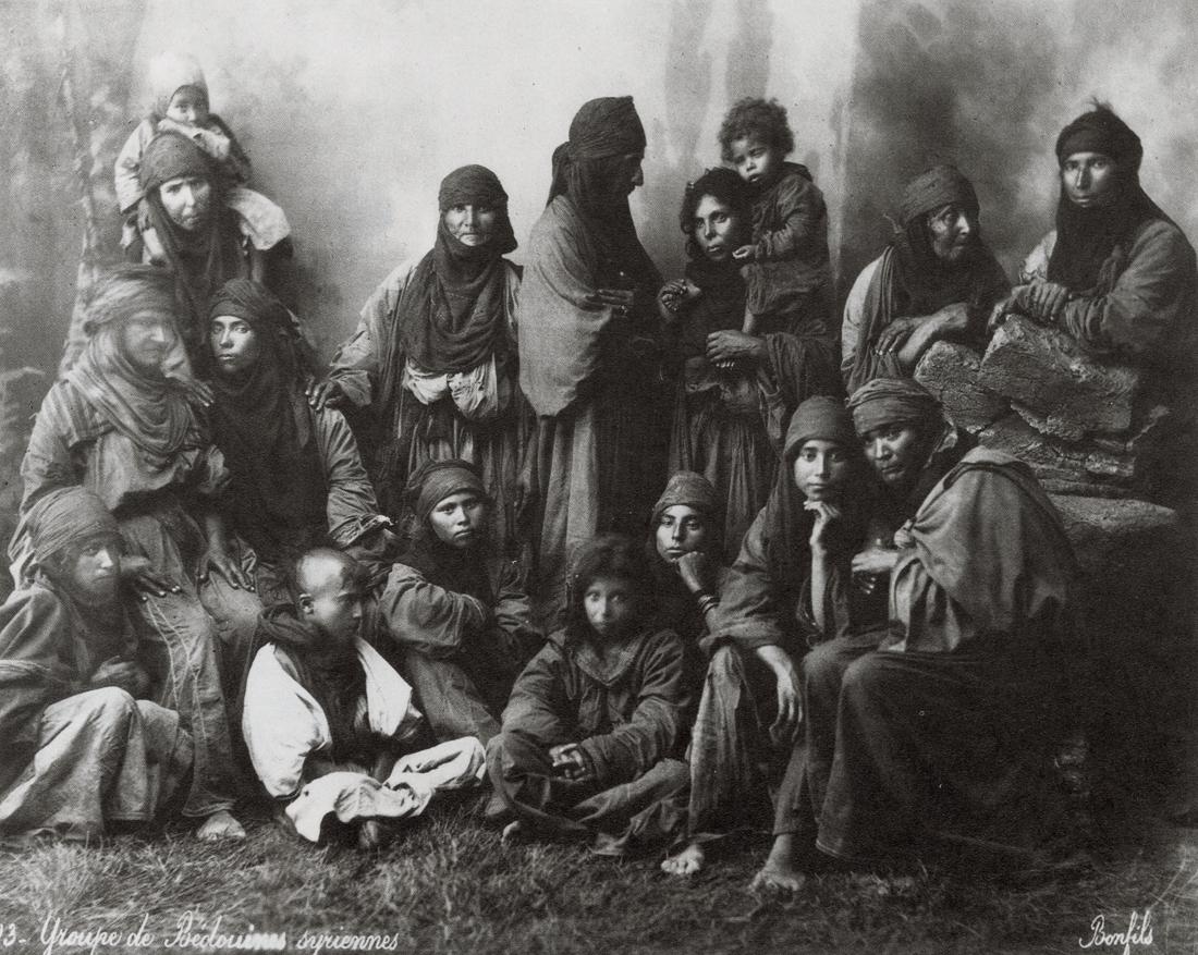 MARIE LYDIE BONFILS - Syrian Bedouin Women, 1870: Artist: Marie Lydie Cabannis Bonfils Title: Group of Syrian Bedouin Women, 1870 Medium: Photo Litho, 1981, Japan Dimensions: 6.9x5.5" Description: Heat Wax Mounted on 8.5x11" Conservation Board Artist