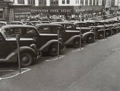 JOHN VACHON - Cars and Parking Meters, Omaha, 1938: Artist: John Vachon Title: Cars and Parking Meters, Omaha, Nebraska, 1938 Medium: Photo Litho, 2002, China Dimensions: 7.2x5.45" Description: Heat Wax Mounted on 8.5x11" Conservation Board Artist Bio: