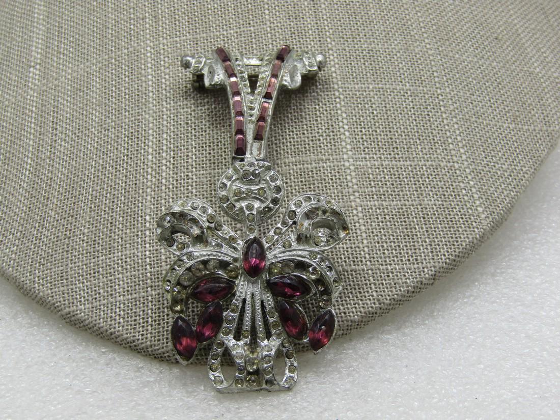 Vintage Art Deco V Drop Floral Rhinestone Brooch, Cast (1 of 6)
