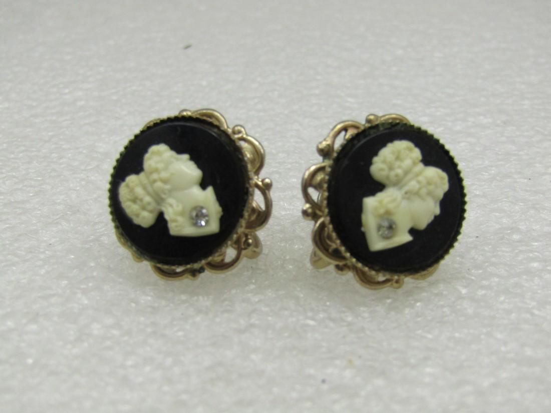 Vintage Black, White, Rhinestone Cameo Earrings, Screw (1 of 5)