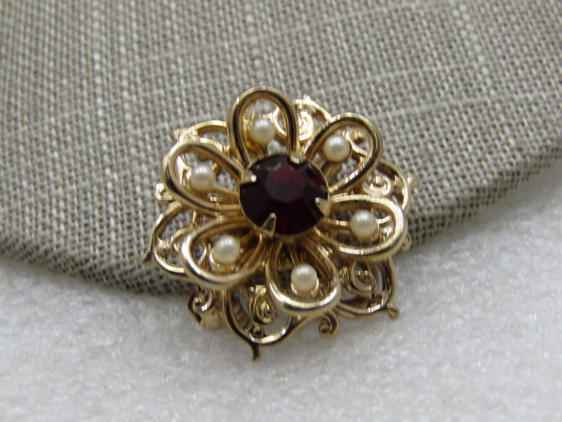 Vintage Faux Pearl & Ruby Blossom Brooch Pendant, 1" (1 of 5)