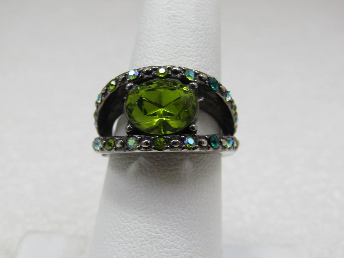 Vintage Green Rhinestone, Heart Accent, AB Ring, Sz. 7, (1 of 12)
