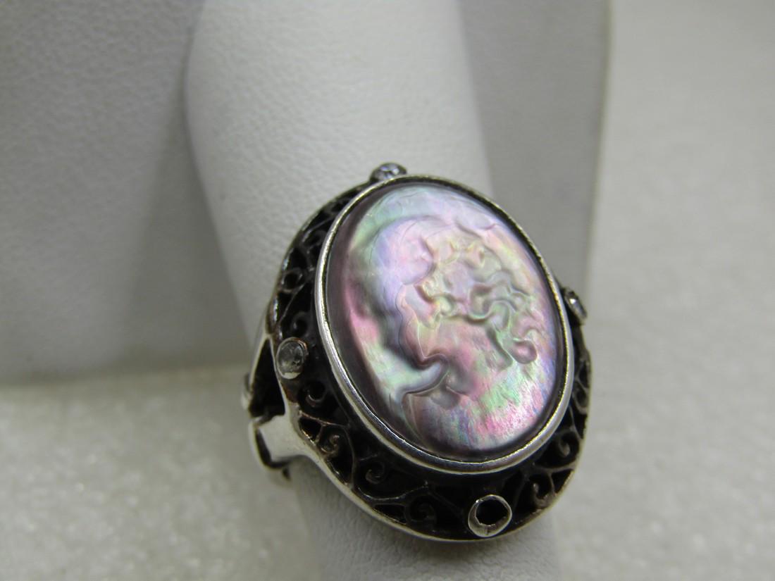 Vintage Mother-of-Pearl Cameo & Rhinestone Ring, Sz. (1 of 9)