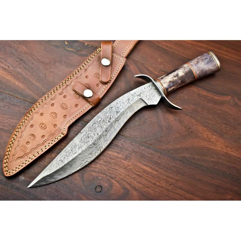 Bowie exclusive pattern damascus steel knife bone work: Knife "Water" made of damask steel. Handle – camel bone and scabbard - genuine leather. Damascus knives are very durable, look great and keep sharpness perfectly. Damascus steel has high quality con