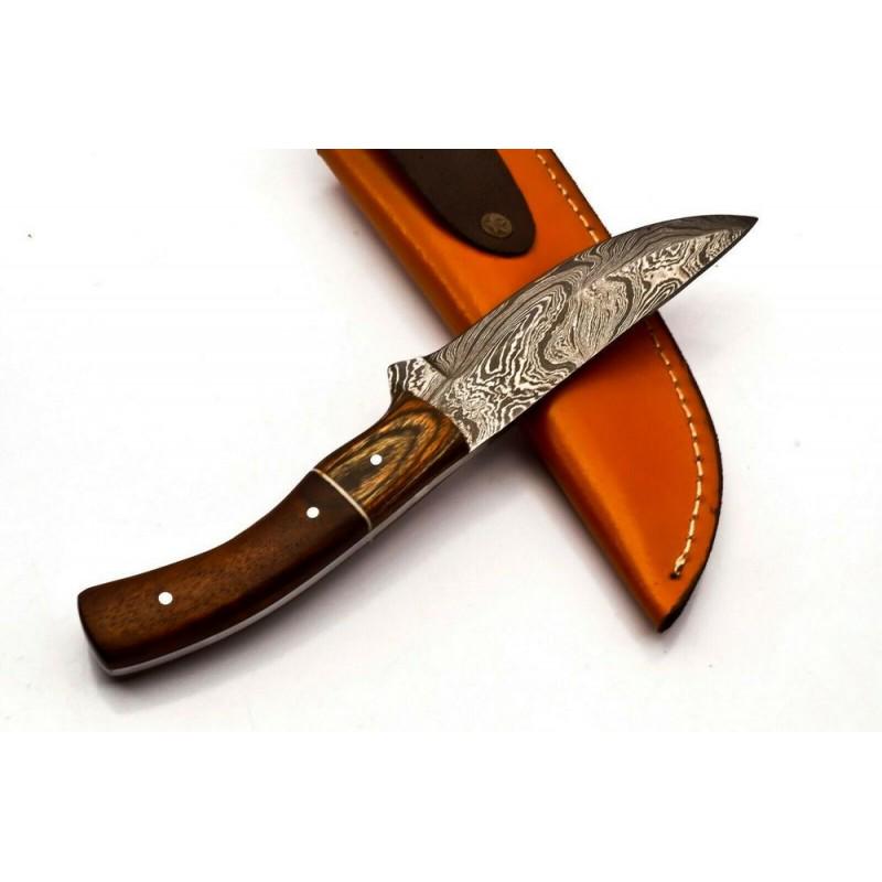 Everyday carry damascus steel knife camping hiking wood: Knife "Coffee" • Blade - damask steel • Handle – hardwood, natural wood • Scabbard - cowhide leather (included) • Blade hardness – 58-60 HRC • Total length – 219 mm. • Blade length -