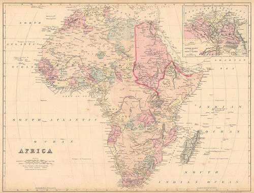 Africa: Publication Date: 1881 Title: Africa Cartographer: MITCHELL, S.A. Publisher: MITCHELL, S.A. Height: 14.5 Width: 19.3 Map detailing the continent with countries separately colored, towns, villages, top