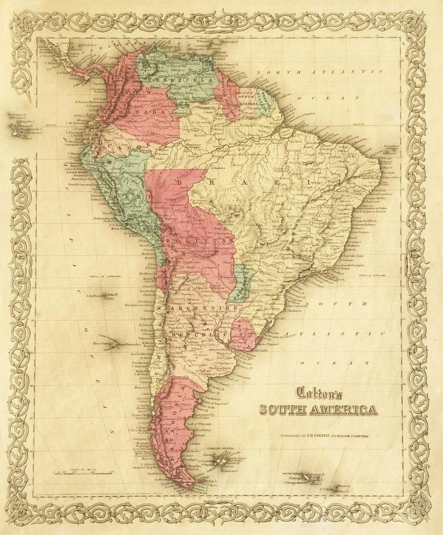 Colton’s South America, 1864: Title/Content of Map: Colton’s South America, 1864 Date Printed: 1864, New York Cartographer: J.H. Colton Size: 13" x 16" The beautiful South America map from Colton's General Atlas encompasses the 