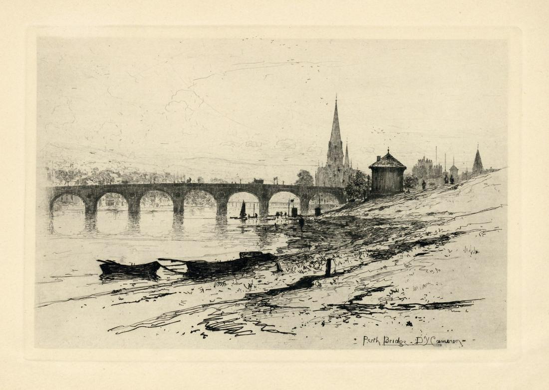 David Young Cameron "Perth Bridge" original etching: Medium: original etching. Catalogue reference: Rinder 28. Executed in 1889; this is a fine, dark impression on wove paper from "The Portfolio" edition, published in London by Seeley, Jackson & Hallida