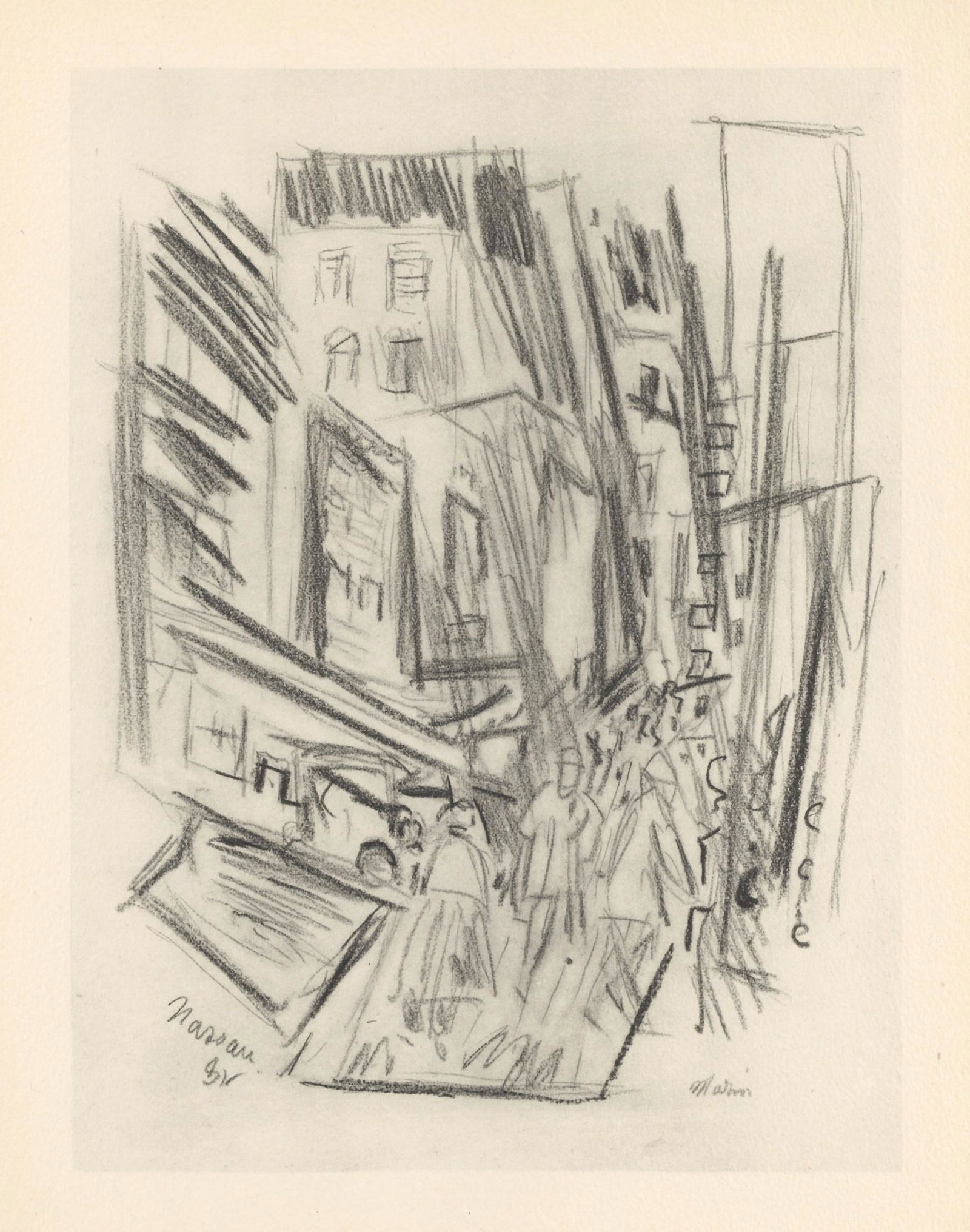 John Marin "Nassau Street NYC": Medium: collotype (after the drawing). Issued in 1950 in a limited edition of 125 on watermarked Johannot wove paper. The image size is 9 3/4 x 7 3/8 inches; the full sheet measures 12 1/2 x 10 inches