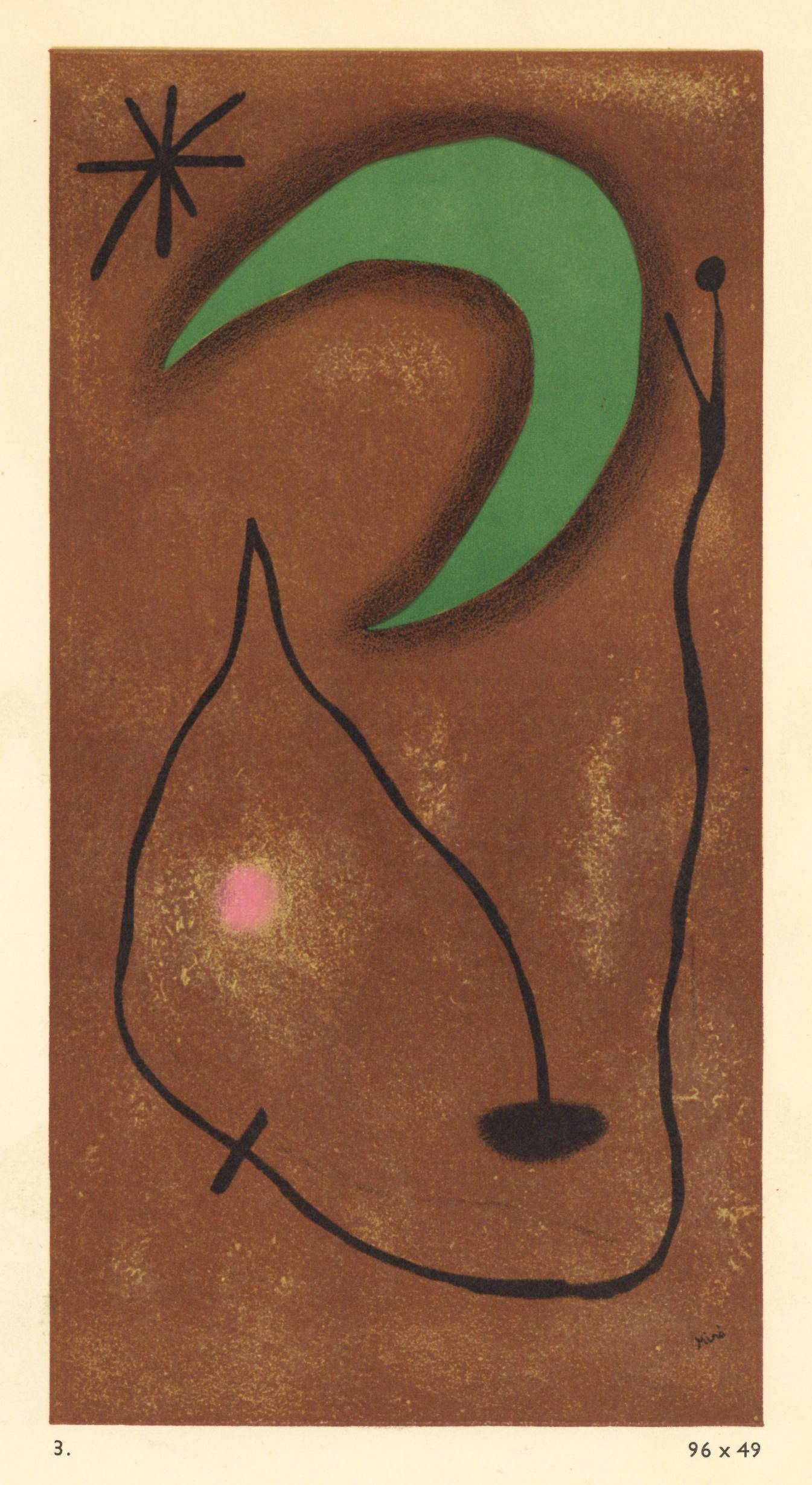 Joan Miro pochoir, 1953: Medium: pochoir (after the painting). Executed in 1953 and issued in an edition of 1350 for the rare exhibition catalogue "Miro Recent Paintings", published by the Pierre Matisse Gallery. The printing