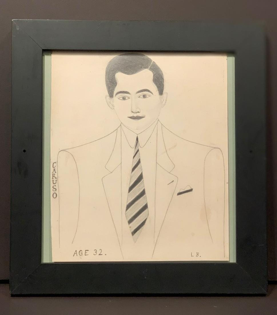 Folk Art Drawing of a Man in a Jacket & Tie, c 1920s (1 of 3)