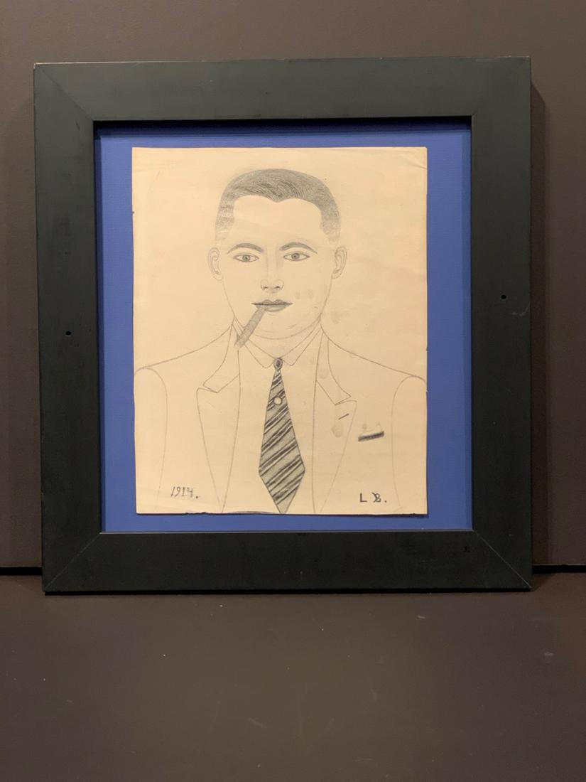 Folk Art Drawing of a Man in a Jacket & Tie, dated 1914 (1 of 3)