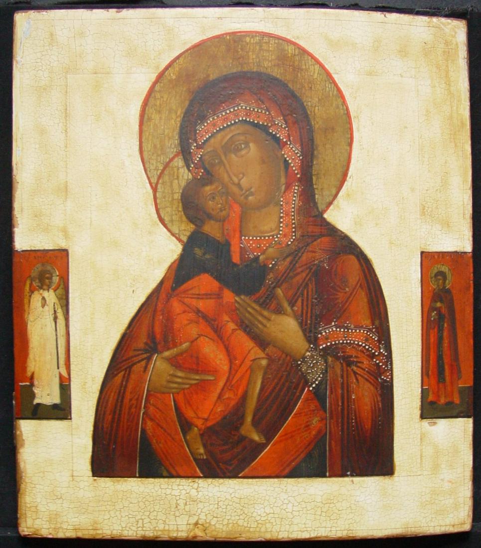 Mother of Feodorov: Title: Mother of Feodorov Origin: Russian Antique Old Religious icon Date/Period: 19th century Material: tempera on wooden board Size: 35 x 31 cm Provenance: The icon of the Holy Virgin of Feodorov wa