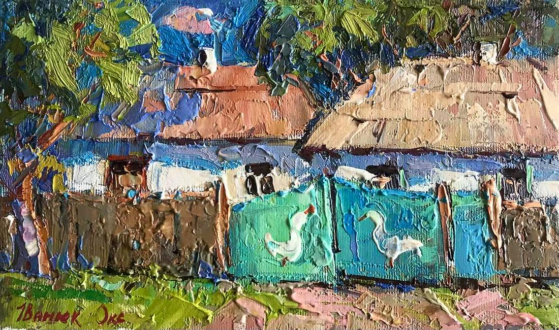 Oil painting Near the yard Kalenyuk Oksana: №464AAA *** ABOUT THIS PAINTING *** * TITLE: "Near the yard" * ARTISTS: Kalenyuk Oksana * SIZE: 15x25 cm/'5.90x9.84 inches' * MEDIUM: oil, canvas * HAND PAINTED: Original painting from our colle