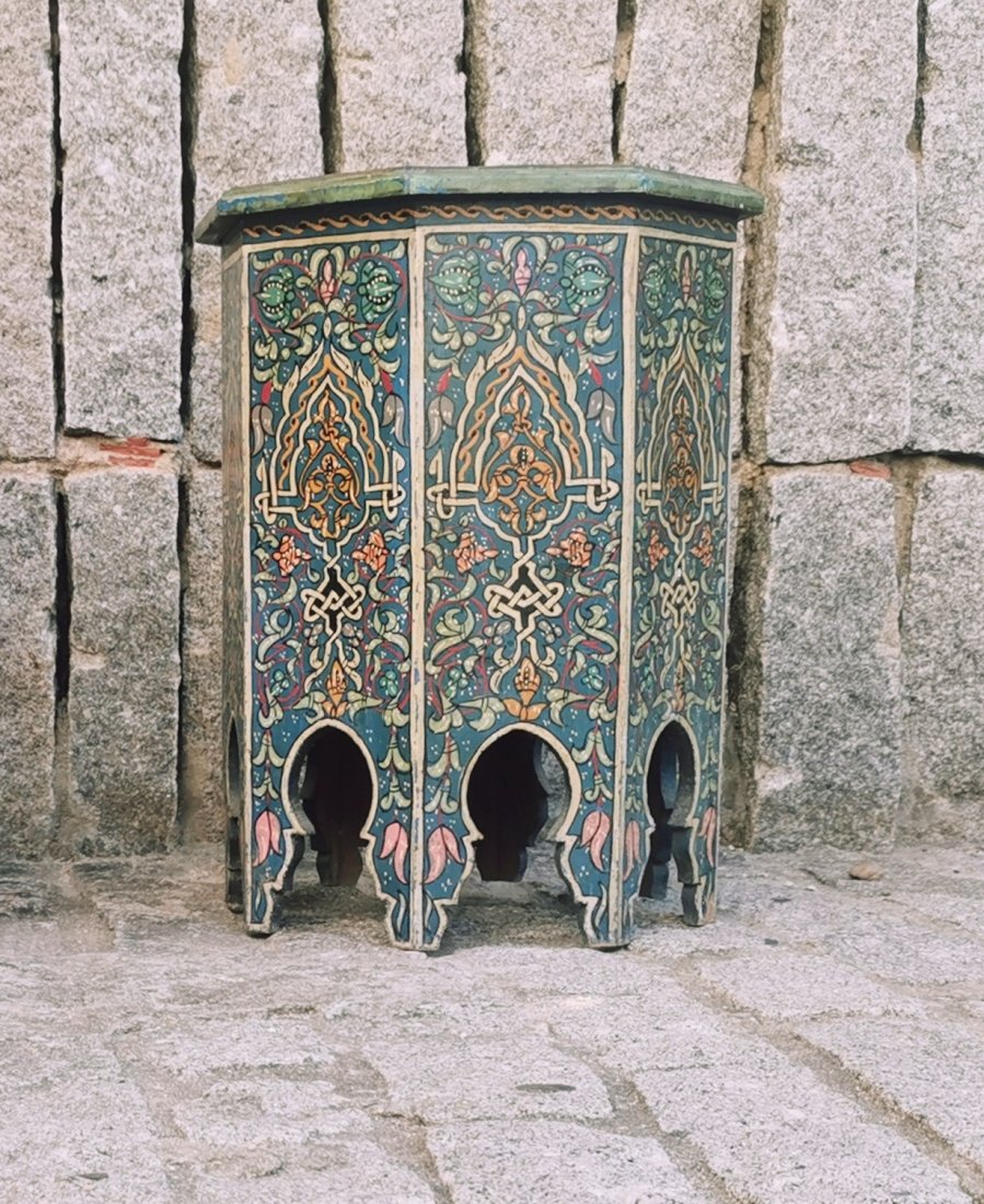 Moroccan Hand made and painted Side Table: Title: Moroccan Hand made and painted Side Table Origin: Morocco Date/Period: Early 20th century Materials: Wood and pigments Size:52(H)x 38(L) cm. Description: Beautiful and antique Moroccan hancraft