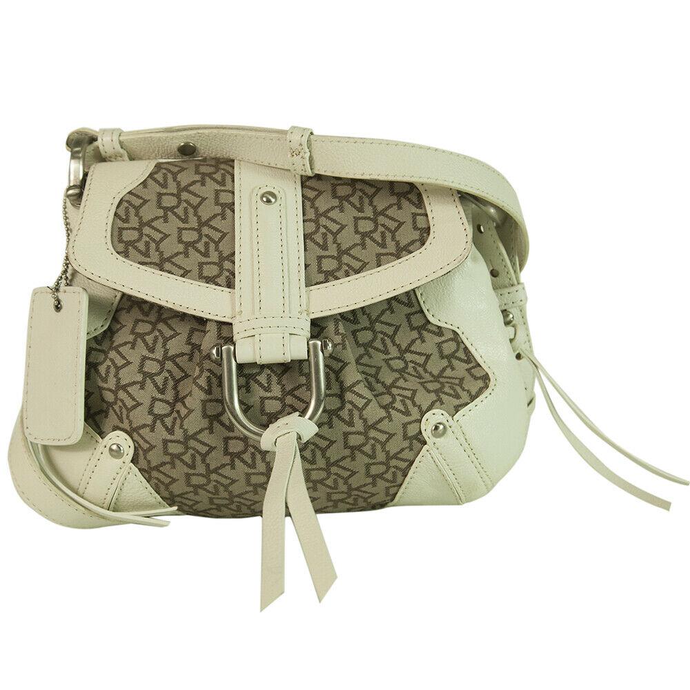Donna Karan DKNY Beige Monogram Canvas White Leather: Donna Karan DKNY Beige Monogram Canvas White Leather Crossbody Shoulder bag Extra impressive and luxurious this DKNY bag is such a practical yet beautiful piece! This bag features beige monogram canva