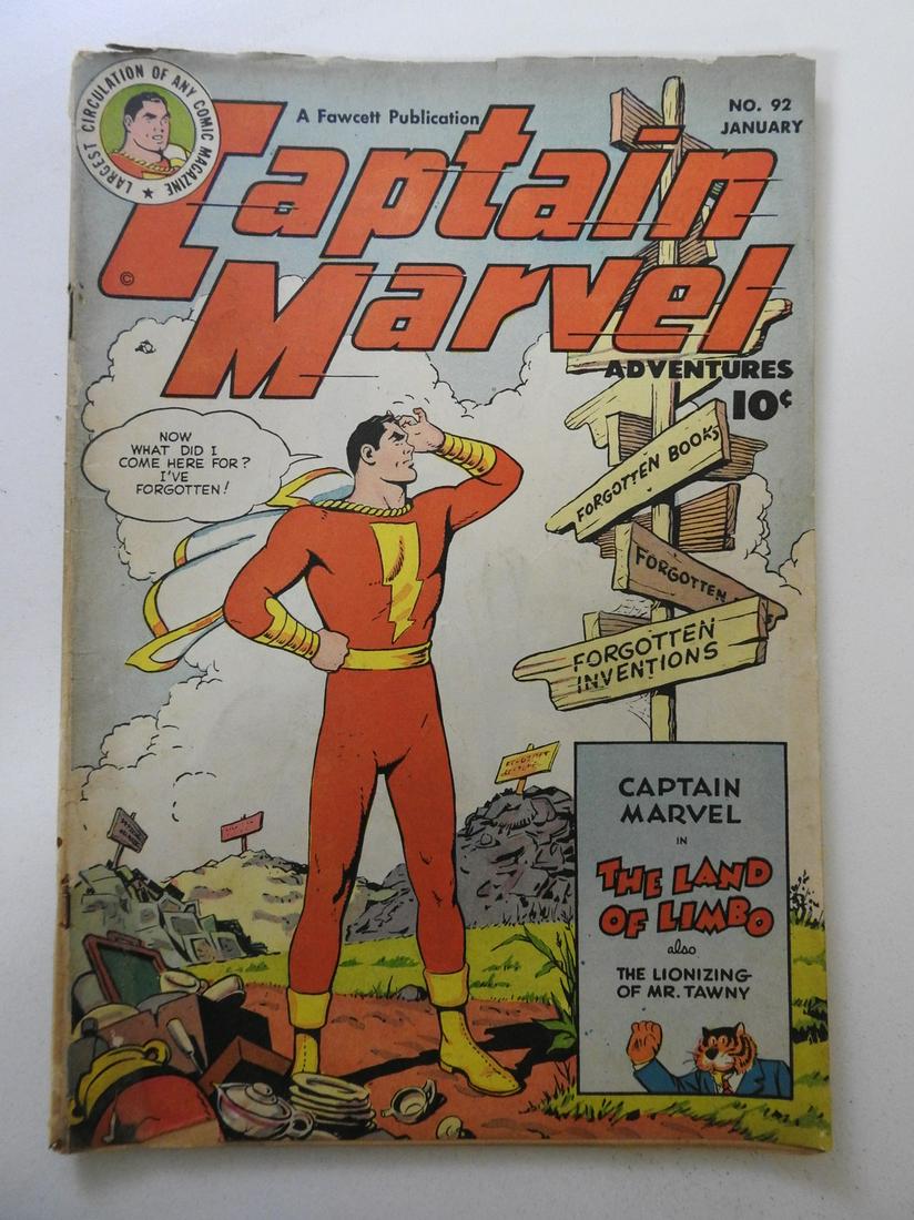 Captain Marvel Adevntures #92: No Reserve! Captain Marvel Adevntures #92 - VG- Centerfold detached at top staple Shipping: Domestic: Flat-rate of $9.99 (1-8 items ) or $19.99 (9+ items) to anywhere within the contiguous U.S. Intern