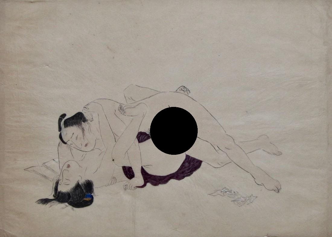 Edo artist: Shunga drawing: Artist: Anonymous Subject: Finished shunga painting Signature: None Date: Mid-19th century Format: 27.6 x 19.5 Condition: Painted on thin mino paper, quite fragile Reserve: $35.00 Shipping: Domestic: