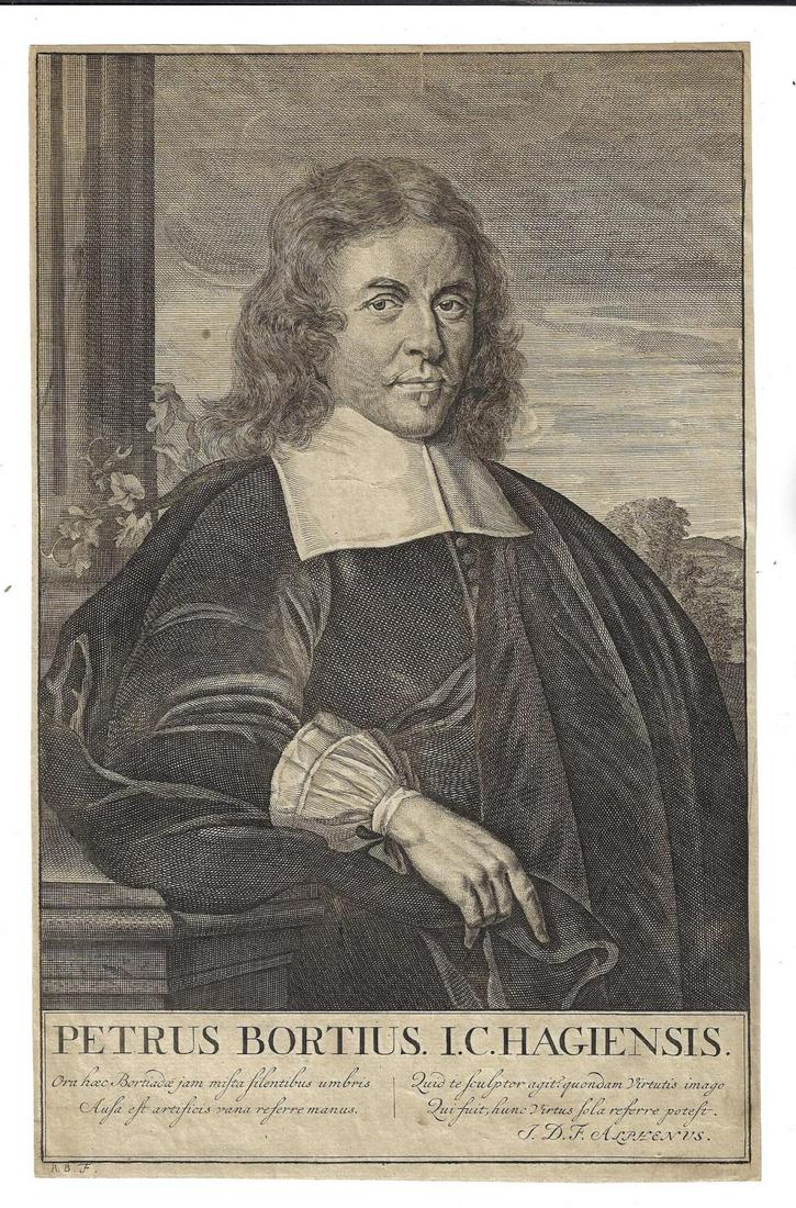 1702 Engraving Frontispiece Portrait Petrus Bort: Portrait of Petrus Bort; half-length in a landscape, directed to the right, wearing a white collar, resting his left arm on a column which stands on the left; frontispiece to Pieter Bort's "Alle De We