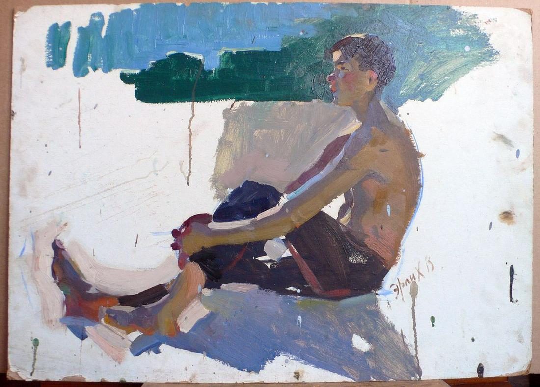 Oil painting Sketch of a boy Erlikh Vladimir Isaakovich: №Kork 28 *** ABOUT THIS PAINTING *** * TITLE: "Sketch of a boy" * ARTISTS: Erlikh Vladimir Isaakovich * SIZE: 50x70 cm/'19.68x27.55 inches' * MEDIUM: oil, cardboard * HAND PAINTED: Original pain