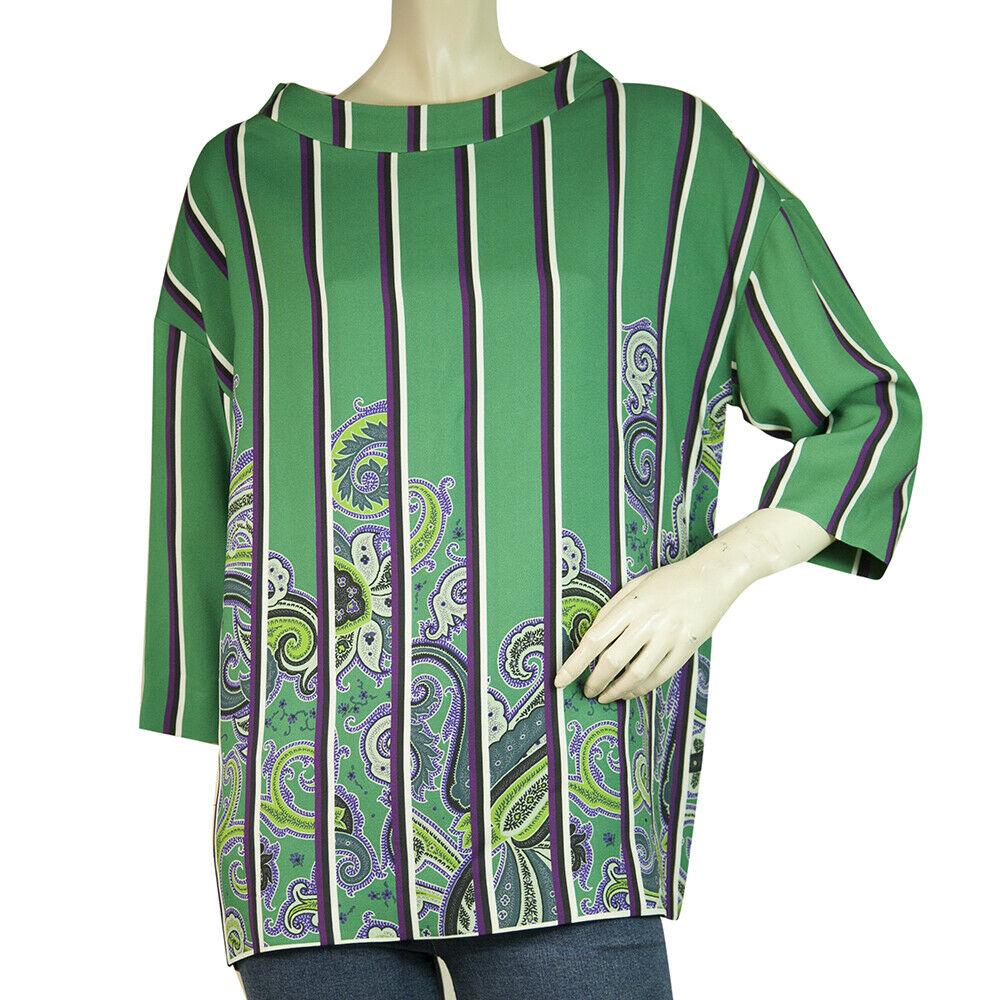 Etro Green Purple Stripes & Paisleys Boat Neckline: Etro Green Purple Stripes & Paisleys Boat Neckline Viscose Blouse Top Size 46 Printed top with stripes and paisleys, a very beautiful top from Etro. The multicolored print makes the ETRO top lightsome