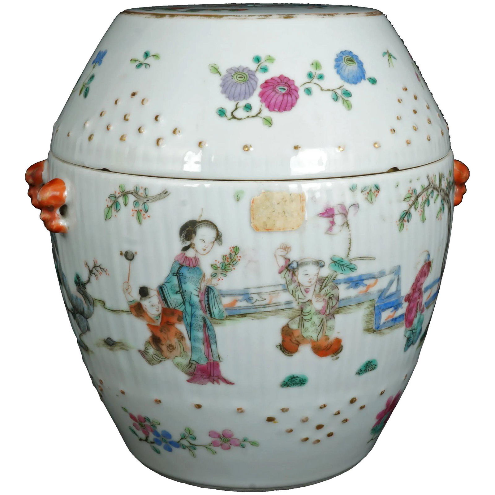 Chinese Polychrome Lidded Barrel Shaped Jar Late (1 of 15)