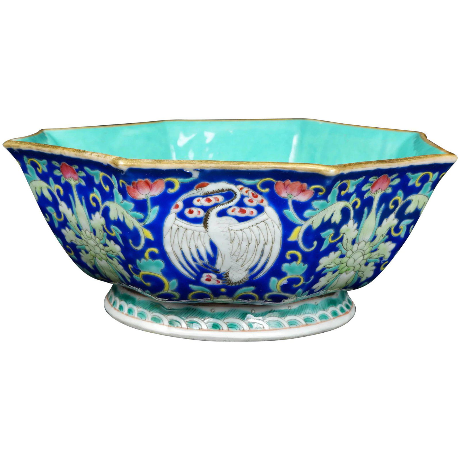 Chinese Octagonal Polychrome Crane Bowl Tongzhi Reign (1 of 6)